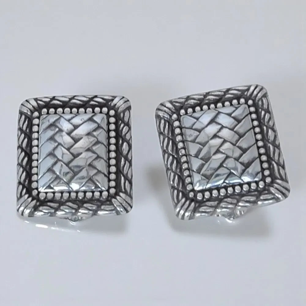 Brighton Vintage Rectangular Woven Clip On Earrings Silver Plated Retired